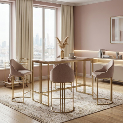 Stylish dining table with 4 chairs, beige upholstered chair furniture, seating cushion chairs