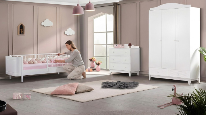 Modern youth room children's room white set luxury bed wardrobe dresser.