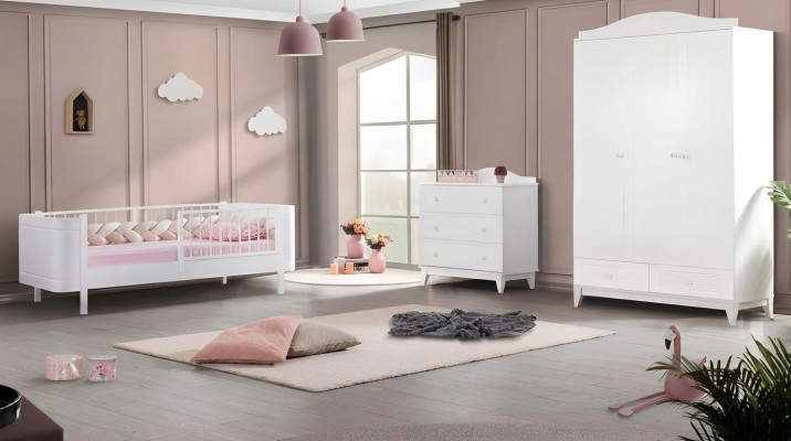 Modern youth room children's room white set luxury bed wardrobe dresser.