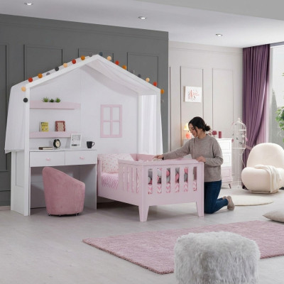 Complete children's room set designer children's bed with desk white dresser