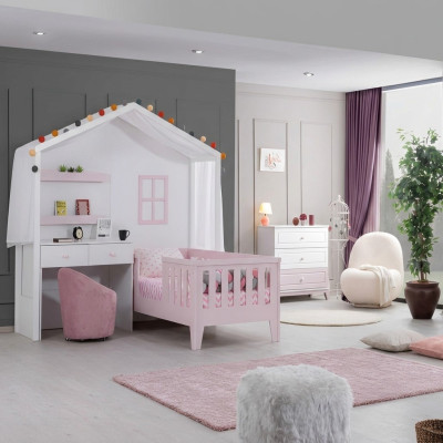 Complete children's room set designer children's bed with desk white dresser