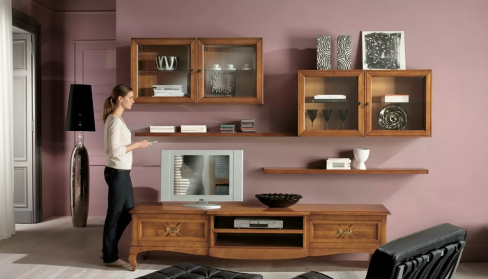 Designer living room 4x wall cabinets brown lowboard 7-piece. New wall unit.