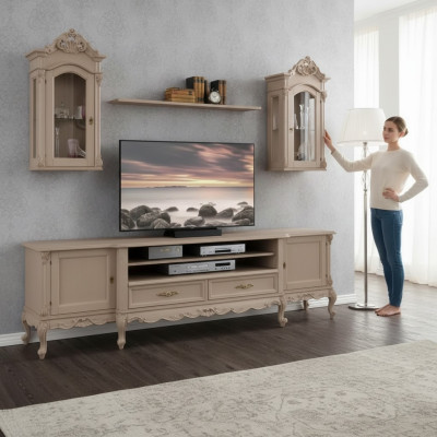 Living Room Wall Unit Modern Lowboard Brown Shelves Wood 2x Wall Cabinet New