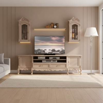 Living Room Wall Unit Modern Lowboard Brown Shelves Wood 2x Wall Cabinet New