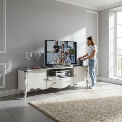 TV stand RTV lowboard classic white wood modern living room new