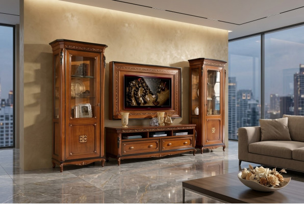 RTV lowboard classic living wall TV frame brown living room set 4-piece.
