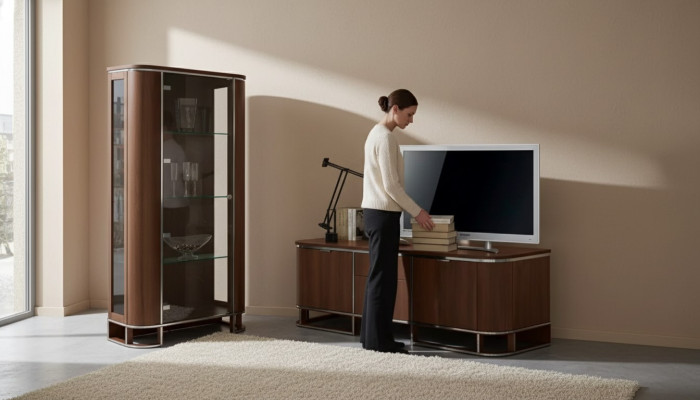 TV stand, television wall, living room wall unit, lowboard, brown high gloss display cabinet.