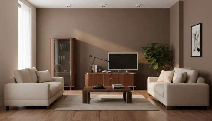 TV stand, television wall, living room wall unit, lowboard, brown high gloss display cabinet.