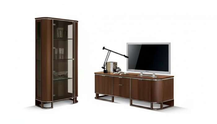 TV stand, television wall, living room wall unit, lowboard, brown high gloss display cabinet.