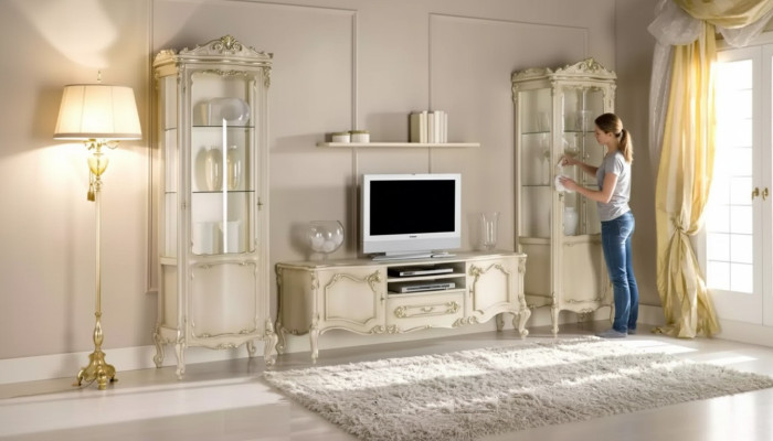 Living room wall unit set group, lowboard, display cabinet, 4-piece wooden furniture shelf.