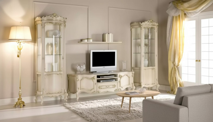 Living room wall unit set group, lowboard, display cabinet, 4-piece wooden furniture shelf.