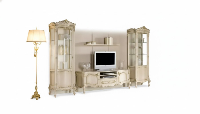 Living room wall unit set group, lowboard, display cabinet, 4-piece wooden furniture shelf.
