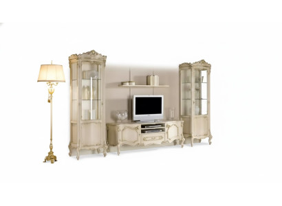 Living room wall unit set group, lowboard, display cabinet, 4-piece wooden furniture shelf.