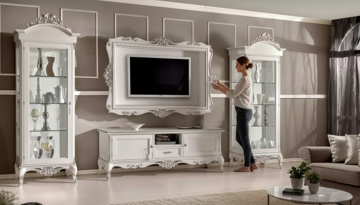 Living room wall unit Lowboard 2x Display Cabinet TV Frame 4-piece Set Classic Style White