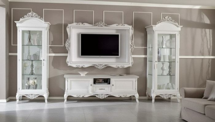 Living room wall unit Lowboard 2x Display Cabinet TV Frame 4-piece Set Classic Style White
