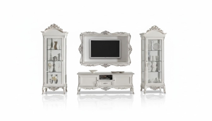 Living room wall unit Lowboard 2x Display Cabinet TV Frame 4-piece Set Classic Style White