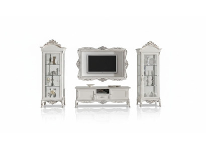 Living room wall unit Lowboard 2x Display Cabinet TV Frame 4-piece Set Classic Style White