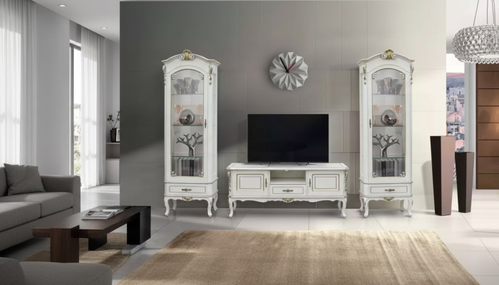 3-piece living room wall unit, TV stand, 2x display cabinet, Italian style furniture, white
