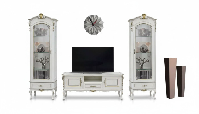 3-piece living room wall unit, TV stand, 2x display cabinet, Italian style furniture, white