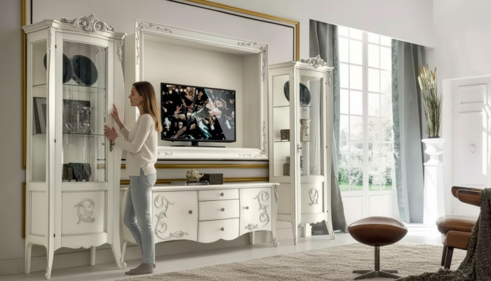Classic Style White Living Room Wall Unit Lowboard 2x Display Cabinet TV Frame Set New