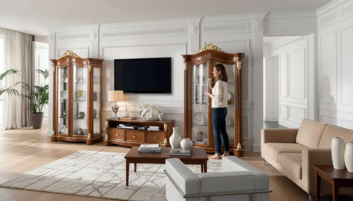 Wall unit showcase console cabinet glass display cases living room brown