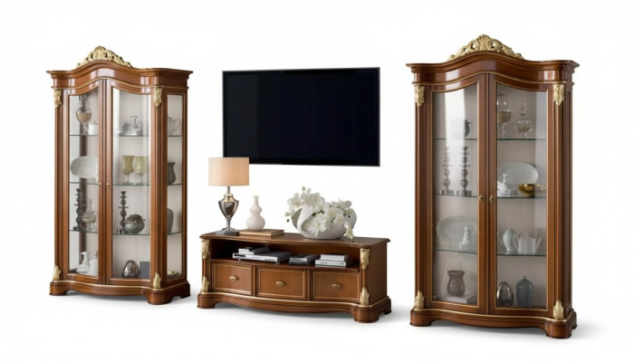 Wall unit showcase console cabinet glass display cases living room brown