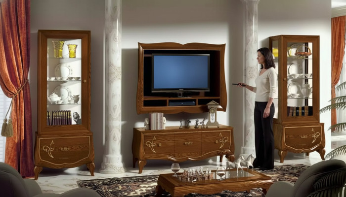 Living room wall unit RTV lowboard TV frame 2x display cabinet brown living room set 4-piece