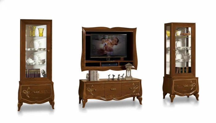 Living room wall unit RTV lowboard TV frame 2x display cabinet brown living room set 4-piece