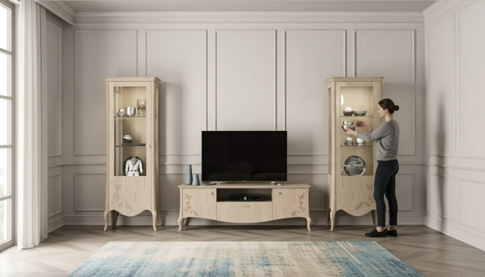 Living room RTV display cabinet sideboard shelf luxury living room beige set 3-piece.