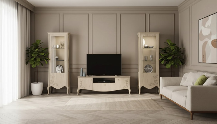 Living room RTV display cabinet sideboard shelf luxury living room beige set 3-piece.