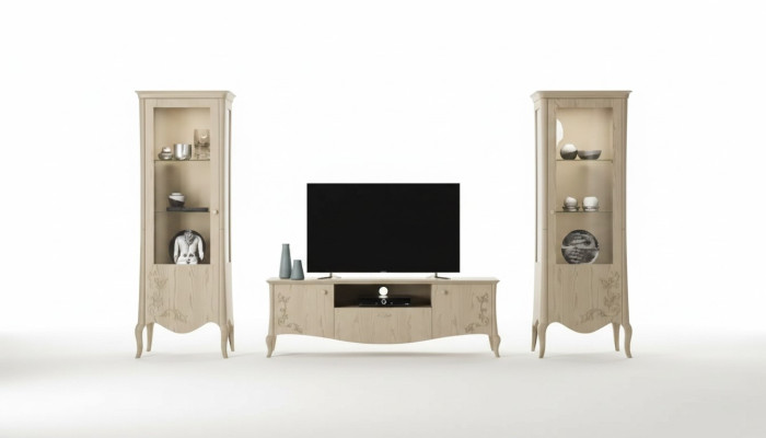 Living room RTV display cabinet sideboard shelf luxury living room beige set 3-piece.