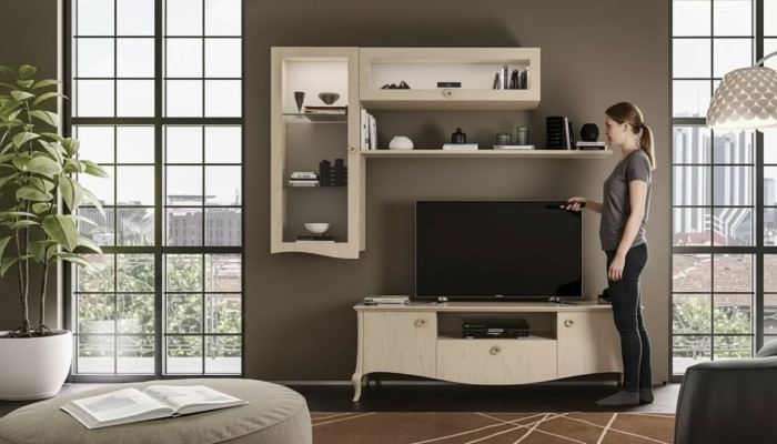 Luxury TV stand - Living room RTV lowboard wall shelves beige wall unit new