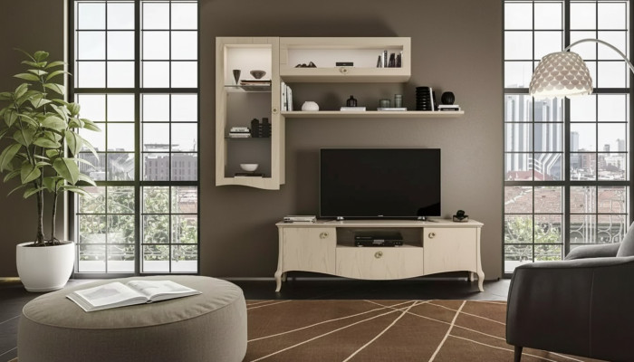Luxury TV stand - Living room RTV lowboard wall shelves beige wall unit new