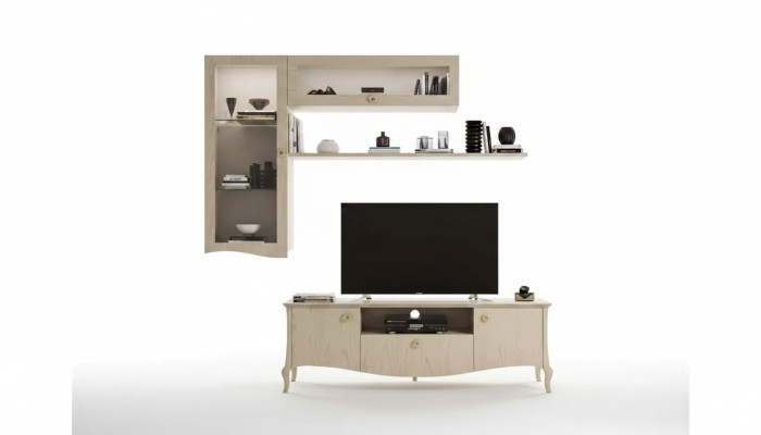 Luxury TV stand - Living room RTV lowboard wall shelves beige wall unit new