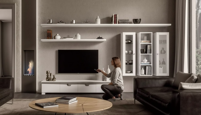 Living Room Lowboard Wall Unit Wood Cabinet Design White Modern Set 6 pieces.