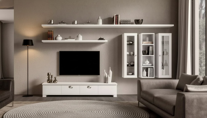 Living Room Lowboard Wall Unit Wood Cabinet Design White Modern Set 6 pieces.