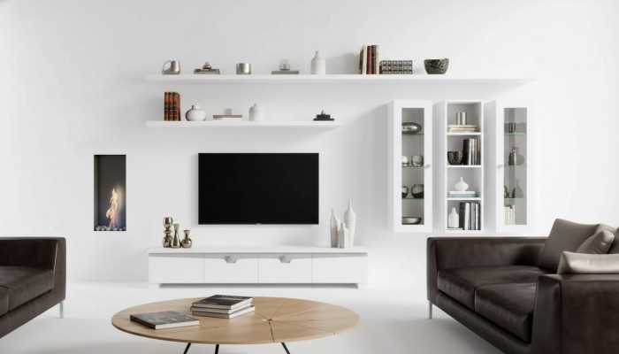 Living Room Lowboard Wall Unit Wood Cabinet Design White Modern Set 6 pieces.