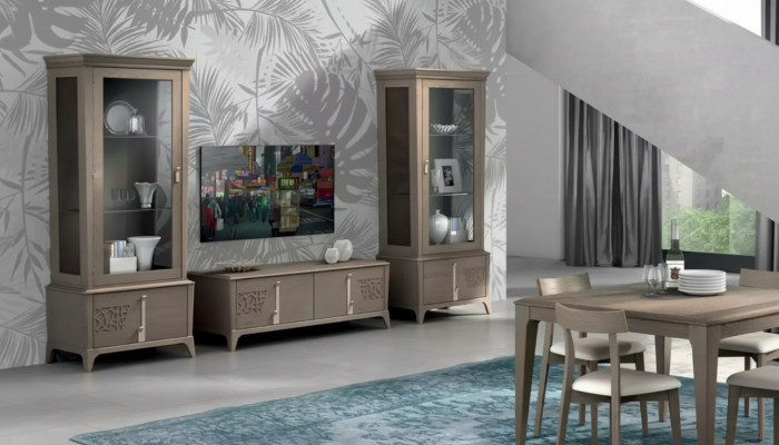 Wall unit classic TV stands living room display cabinet sideboard gray 3-piece set.