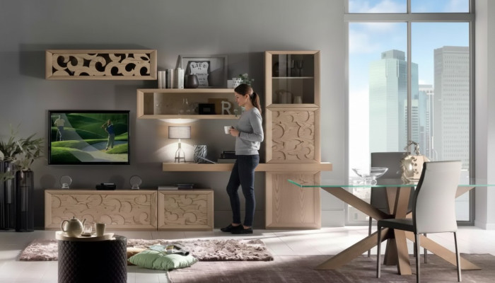 Living room wall unit wood style classic Italian living room furniture cabinet.
