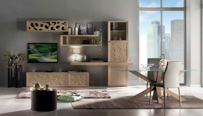 Living room wall unit wood style classic Italian living room furniture cabinet.