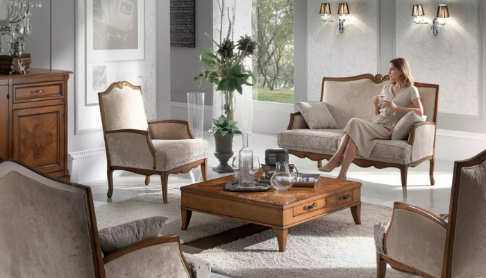 Living room set: armchair, coffee table, 2-seater upholstered sofa, luxury beige, new.