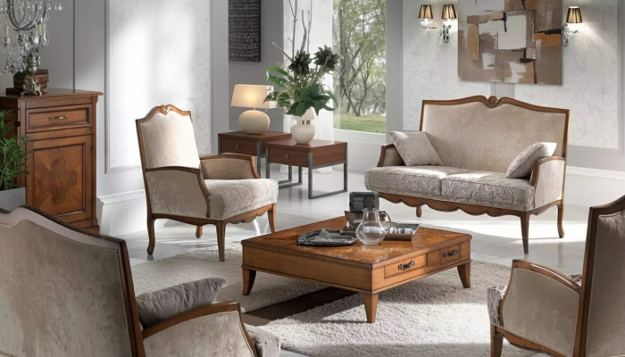 Living room set: armchair, coffee table, 2-seater upholstered sofa, luxury beige, new.