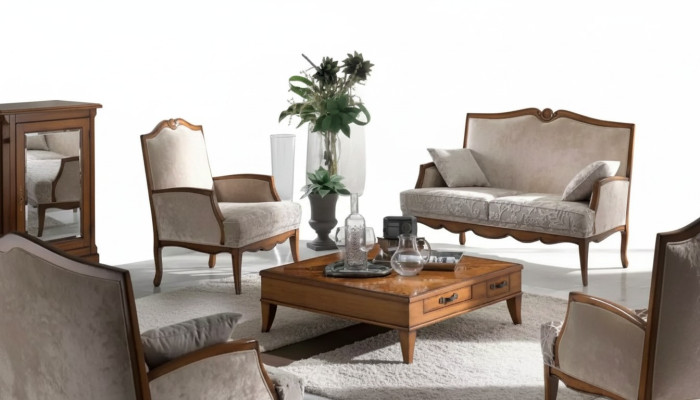 Living room set: armchair, coffee table, 2-seater upholstered sofa, luxury beige, new.