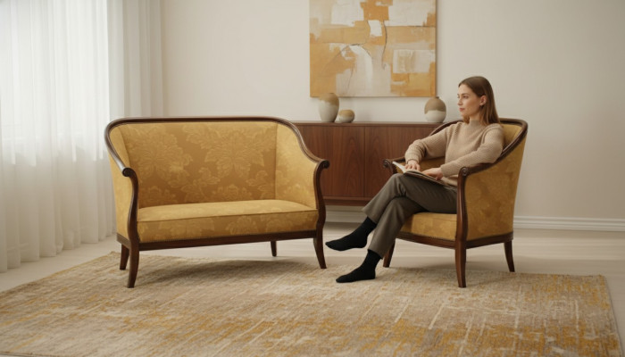 Sofa Couch Upholstery Classic 2-Seat Armchair Yellow Italian Style