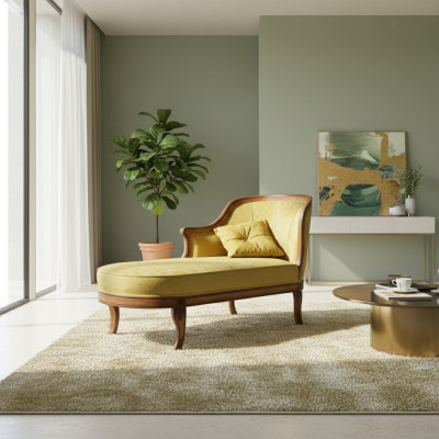 Chaise longue fabric sofa lounger chaise classic yellow couch textile new
