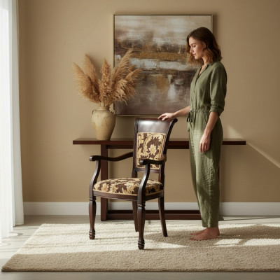 Chair Brown Design Living Room Dining Room Wood Upholstered with Armrest New