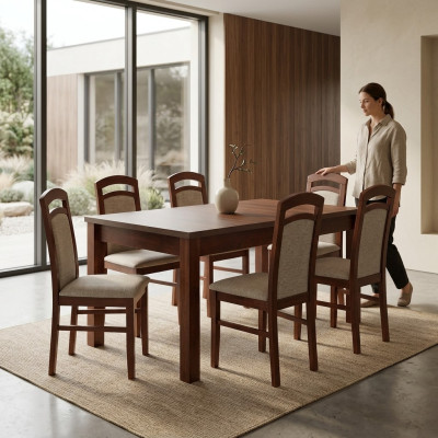 Designer Wood Dining Room Set Table 6x Chairs Upholstery 7-piece Set