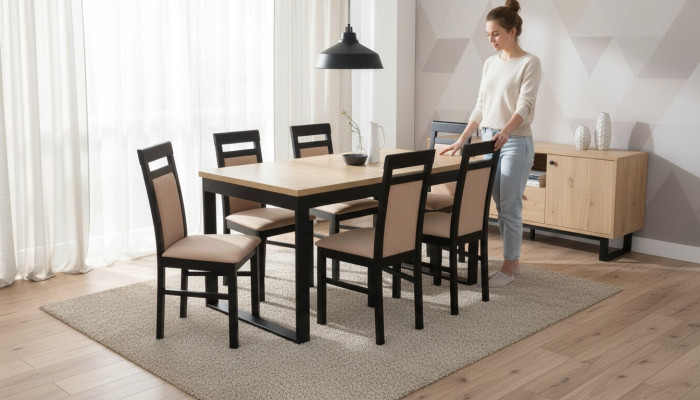 Modern dining table wooden dining room set 6x chairs set 7-piece set