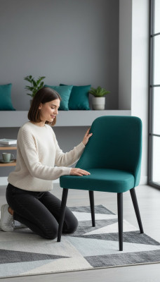 Dining room chairs with fabric upholstery and seat pads, wooden chair, green wood, modern, new.