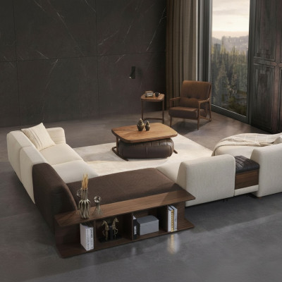 Living room set corner sofa U-shape new armchair luxury wood coffee table stool